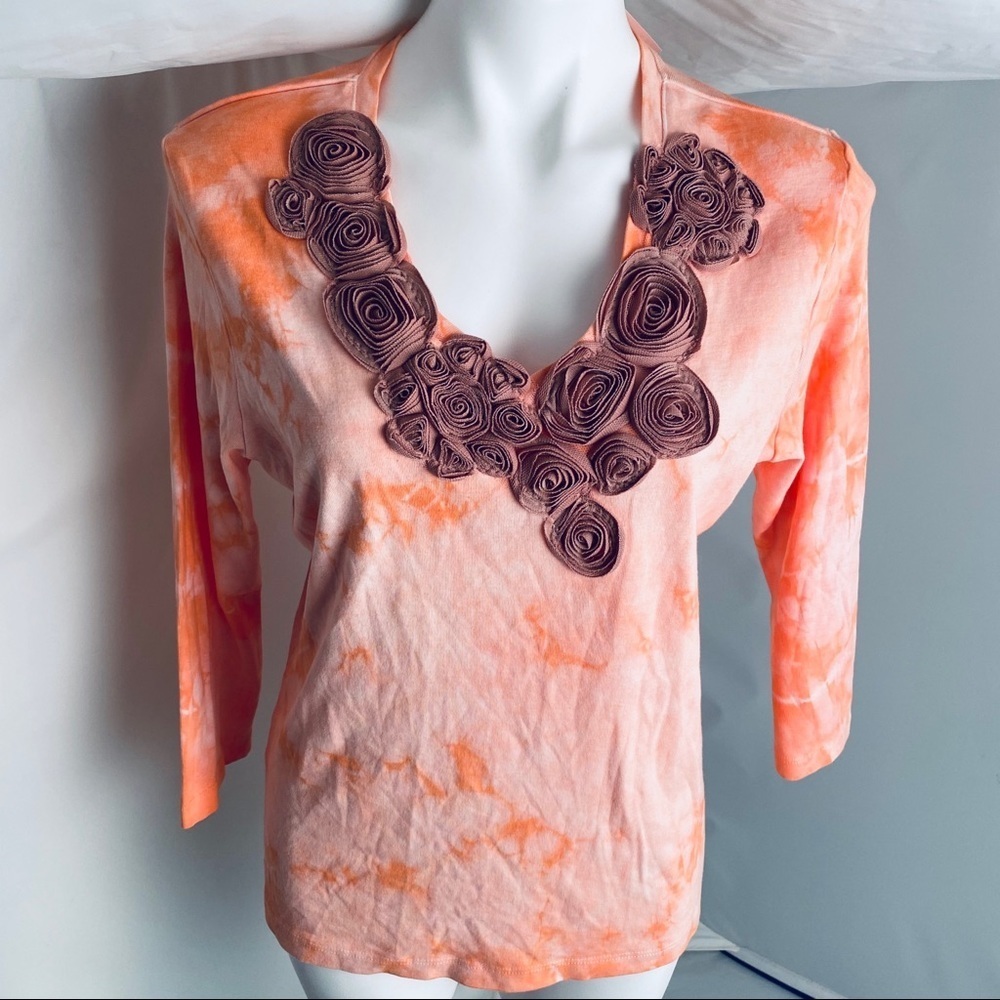 Nature Art Lynn Yang orange tie-dyed flower top.